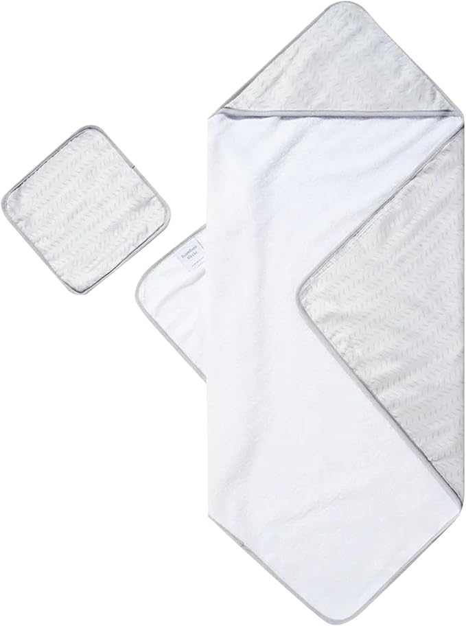 Bamboo Viscose Baby Hooded Towel & Washcloth Set for Babies and Toddlers, Soft & Absorbent, 70% Viscose from Bamboo, 30% Cotton Muslin - Imported (Light Grey)
