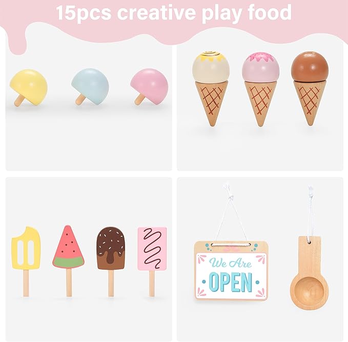 PairPear Large Wooden Ice Cream & Grocery Cart, 2 in 1 Pretend Play Ice Cream Truck Market Stand with 15 Play Food Pieces, Rolling Food Truck Toy for Kids Ages 3+