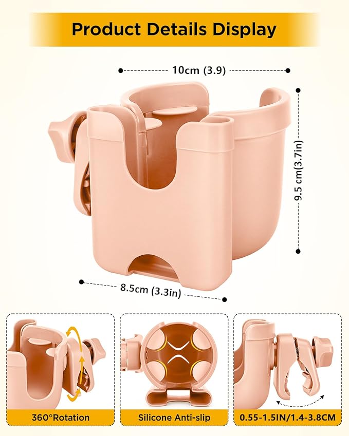Universal Stroller Cup Holder with Mobile Phone Case, 2-in-1 Strollers Storage Rack, 360 Degrees Rotation Drink Holder for Bike, Pushchair, Wheelchair, Walker,Bicycle, Fits Most Cups (Pink)
