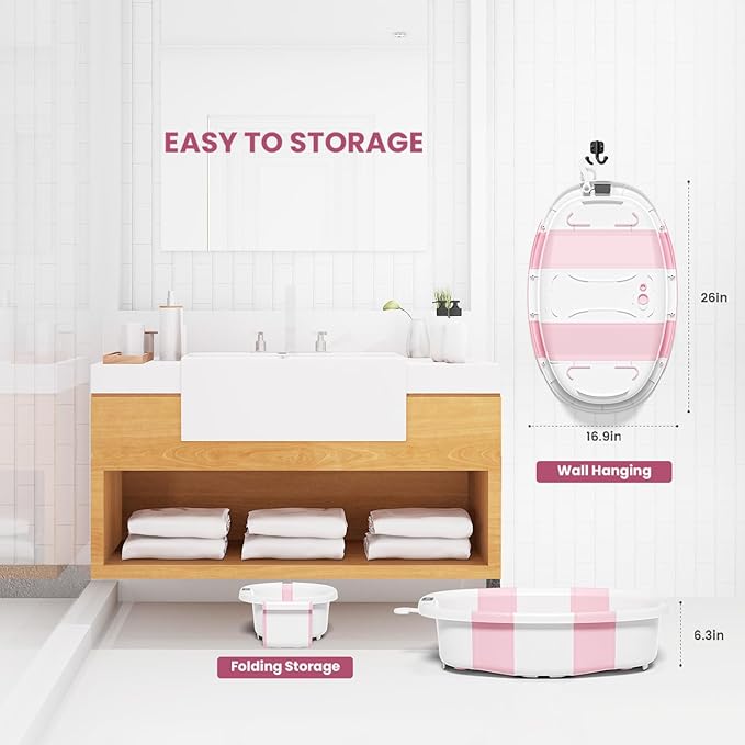 Collapsible Baby Bathtub, Baby Tubs for Newborns with Soft Cushion & Thermometer & Toy Organizer Mesh Bag, Infant Bathtub to Toddler 0-36 Months, Portable Travel Newborn Baby Bathtubs (Pink)