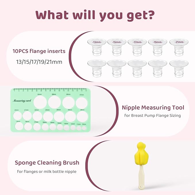 Flange Sizing Kit 3 in 1 with 10PCS Flange Inserts 13/15/17/19/21mm, Silicone Flanges Insert Kit for 24mm Flange/Shield, Pumping Essentials Kit for Moms
