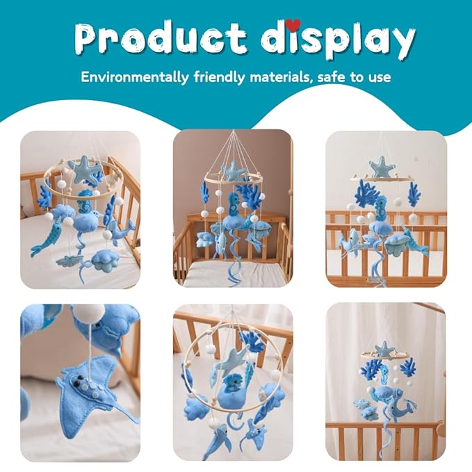 GOODMOM Ocean Nursery Mobile for Boys & Girls | Handmade Baby Crib Mobile with Seahorse, Jellyfish, and More | Sea Theme Crib Accessories|Easy Assembly Sturdy Structure (BlueWave)