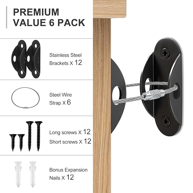 Furniture Anchors for Baby Proofing, Anti Tip Furniture Anchor Securing 420lbs Tension Earthquake Resistant Metal Furniture Wall Anchor Prevent Baby Pet from Falling Furniture（6 Pack，Black）