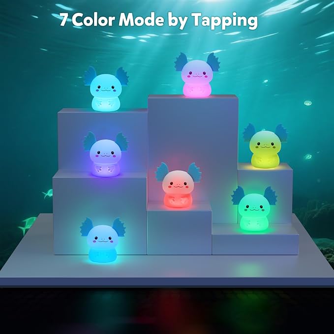 Axolotl Night Light for Kids, 7-Color Changing & 3 Adjustable Brightness Levels,Rechargeable Silicone Bedside Lamp, Animal Night Lamp for Kids Room,Gift for Boys & Girls,Axolotl Nightlight