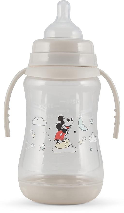Disney 2 Pack 10 Ounce Baby Bottles with Character Prints and Colored Covers with Double Handle - BPA Free and Easy to Clean