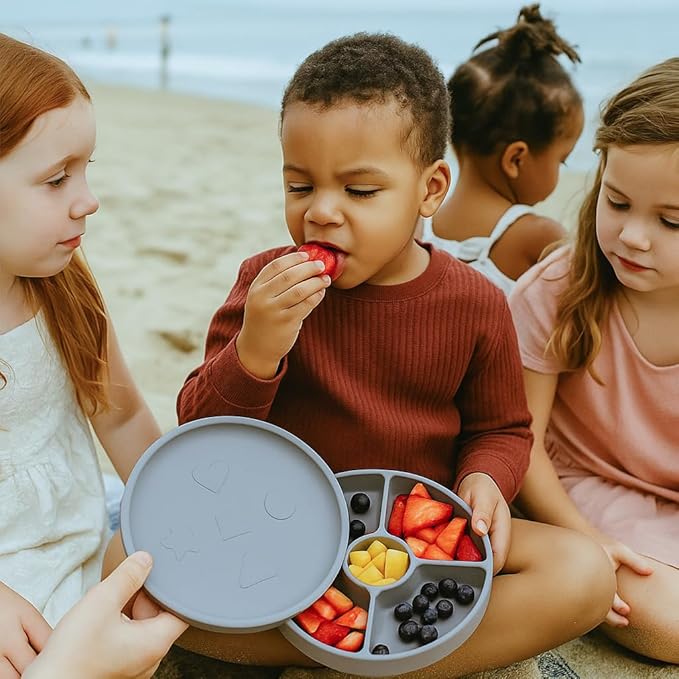 Talktools Bitsy Feeding Kid's Essentials Plate Set – Toddler Utensils, Spoon and Fork, Plate Lid, Perfect for Mealtime – Strong Suction Toddler Plates with 4 Compartments (Set-Cloud)