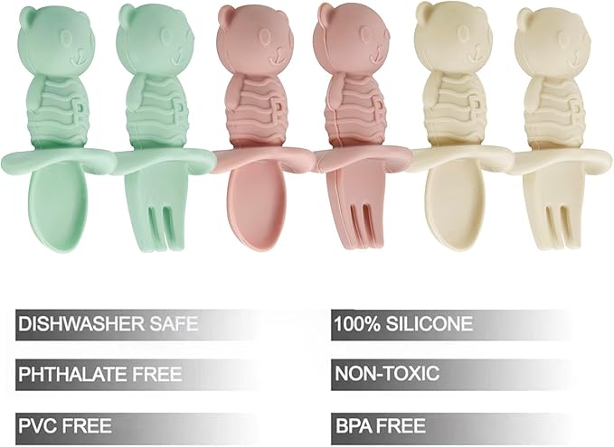 PandaEar 6 Pack Baby Led Weaning Spoons Forks 6+ Months | Silicone Baby Spoons and Fork Self Feeding Utensils, Toddler Infant Anti-Choke Feeding Utensils, Bear Shape (Pink Green Linen)
