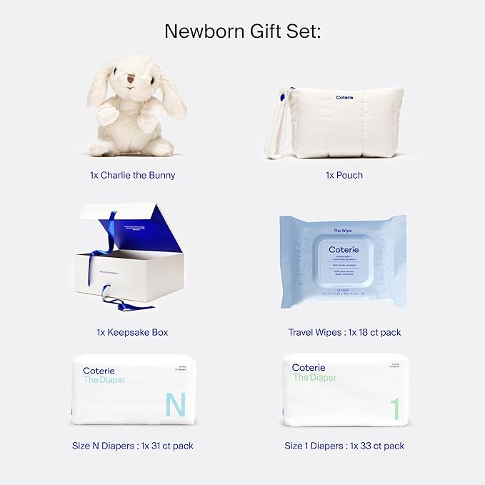 Coterie The Newborn Gift Set, Size Newborn Diapers (31 Count) & Size 1 (33 Count), 1 Travel Size Pack Baby Wipes (18 Count), Plant Based Materials, Hypoallergenic for Sensitive Skin, Baby Essentials