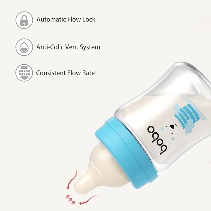 YOHKOH Glass Baby Bottles with Slow Flow Nipple, Newborn Anti-Colic Baby Bottles for 0+ Months, Wide Neck Feeding Bottle, Clear (Blue, 5oz (Pack of 4))