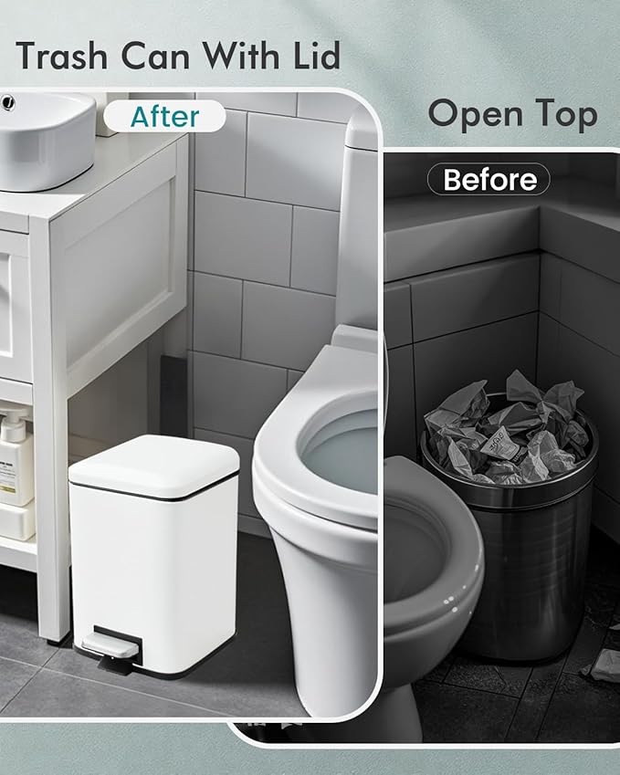 Bathroom Trash Can with Lid, 6 Liter / 1.6 Gallon Small Trash Can with Removable Liner Bucket, Soft Close lid & Step Pedal, White Stainless Steel Garbage Can for Bedroom, Office