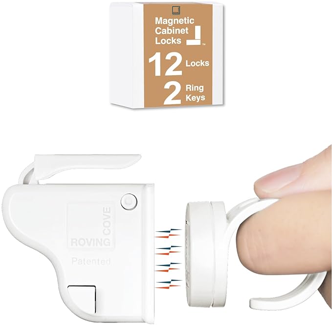 Roving Cove Ergonomic Magnetic Cabinet Baby Locks 12-pk, Child Proof Drawer Cupboard Latches, Adhesive, Easy Install with Starter Tape System
