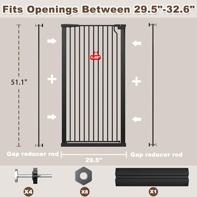 Fairy Baby 51.18" Extra Tall Cat Gate, 29.5"-32.6" Adjustable Width Auto Close Encrypted Tall Pet Dog Gate, Cat Proof Metal Gate Indoor for Doorway Stairs, Pressure Mounted Child Safety Gates, Black