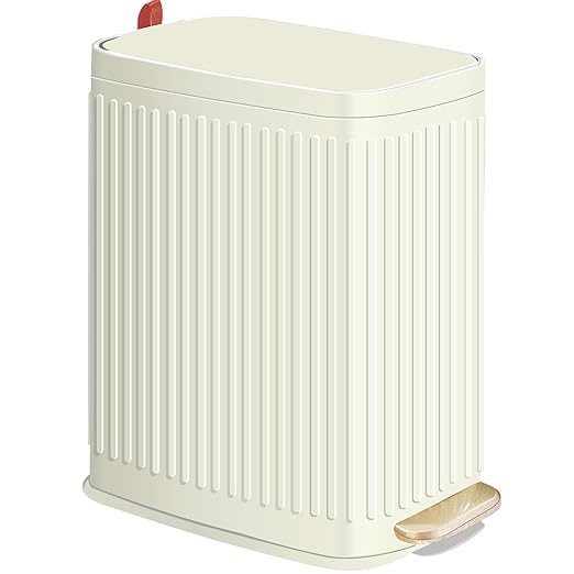 Small Bathroom Trash Can with Air Freshener Soft Close Lid, 6 Liter/ 1.6 Gallon Stainless Steel Garbage Can with Removable Inner Bucket,Step Pedal, Slim Wastebasket for Bedroom, Toilet (Ivory White)