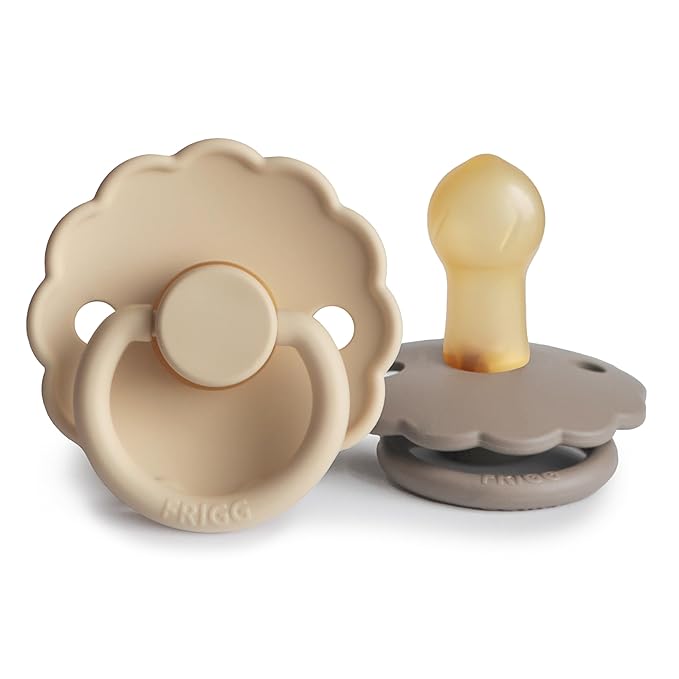 FRIGG Daisy Natural Rubber Baby Pacifier | Made in Denmark | BPA-Free (Croissant/Portobello, 0-6 Months) 2-Pack