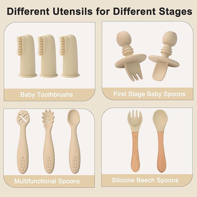 LITTLE RAWR Silicone Baby Feeding Set 14 Pcs,Baby Led Weaning Supplies, Baby Spoons Suction Bowl Divided Plate Bib Cup Finger Brush,First Stage Solid Food Eating Utensils - 6+ Months(Beige)