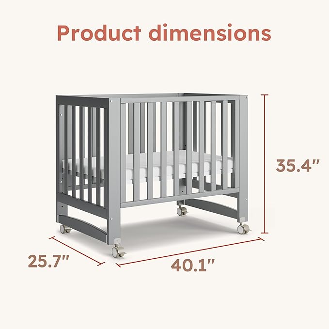 EvoNest Baby Crib, 6 in 1 Convertible Mini Crib with Wheels, 100% New Zealand Pinewood Growing Bed, 4 Adjustable Mattress Height，Washed Natural (Grey)