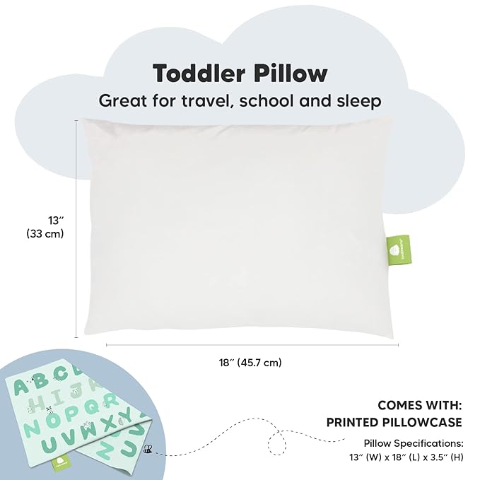 Toddler Pillow with Pillowcase - 13x18 My Little Dreamy Kids Travel Bed Pillows for Sleeping, Organic Cotton Small Pillowcase, Soft & Breathable, Machine Washable, Toddlers 2-5 years old (KeaABC Mint)