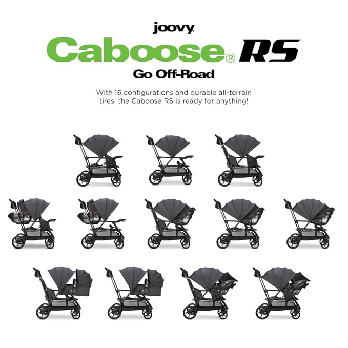 Joovy Caboose RS Sit & Stand Double Stroller for Children Up to 55 lb. with All-Terrain Wheels, UPF50+ Sun Canopy & Magnetic 5-Point Safety Harnesses, Jet