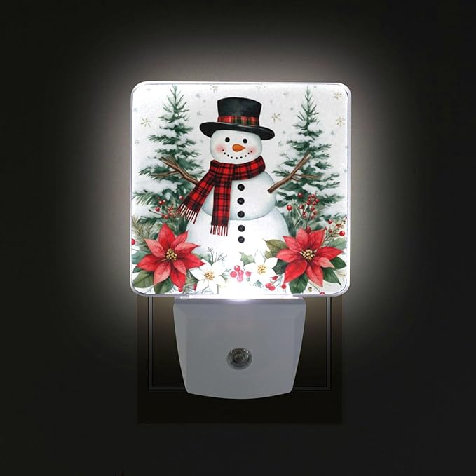 Aslsiy Night Light for Kids Snowy Forest Snowman Poinsettia (9) Plug in Wall Lamp LED Dusk to Dawn Sensor Energy Saving Nightlight for Boys Girls Men Women