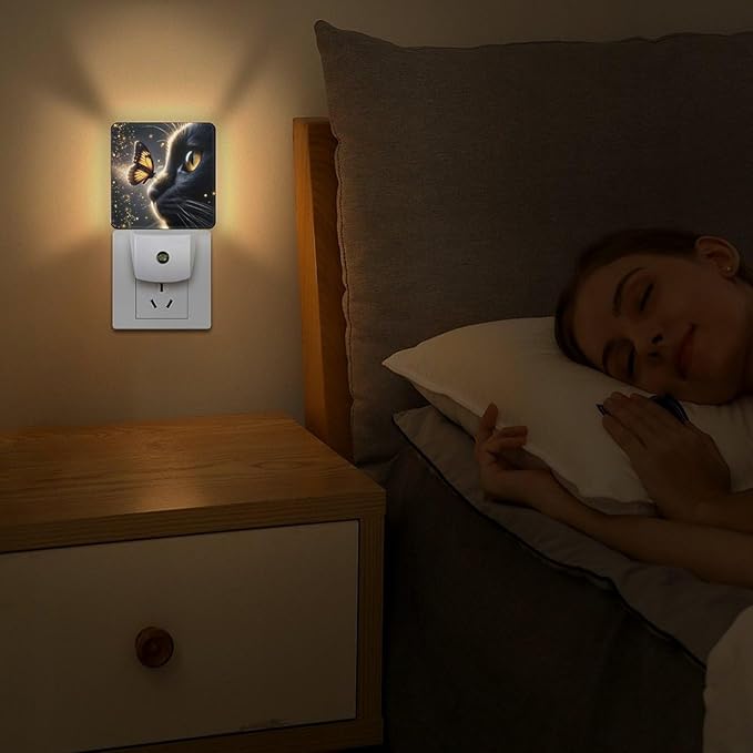Cat Butterfly Night Light, Plug into Wall Decor Nightlights for Bedroom, Bathroom, Hallway, Kitchen, with Dusk to Dawn Light Auto Sensors LED Night Lights for Boys Girls Women Men Room Gifts