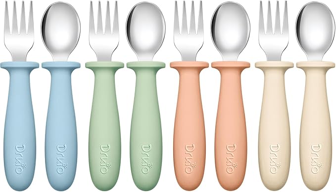 DRKIO 8 Pieces Toddler Utensils Set - Kids Silverware Set with Silicone Handle Children Safe 18/8 Stainless Steel Forks and Spoons Anti-Choke Design Food Grade Dishwasher Safe