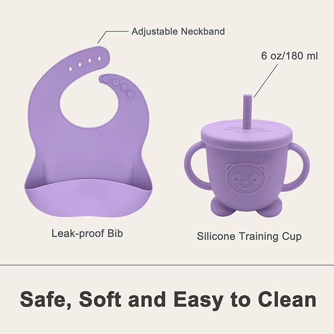Silicone Baby Feeding Set | Baby Led Weaning Supplies Includes Suction Bowls and Divided Plates, Adjustable Bib, Baby Utensils Spoons and Forks,Cup | Baby Feeding Essentials (Purple)