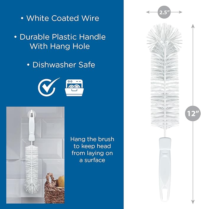 LOLA Bottle Brush Cleaner, 4 Pack, Durable Fiber Bristles Around Twisted Wire with Gripper Handle & Storage Hang Hole, Dishwasher Safe