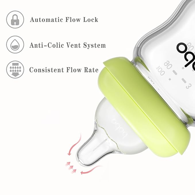 YOHKOH Natural Glass Baby Bottle with Natural Response Nipple, Newborn Anti-Colic Baby Bottles, Wide Neck Mushroom Cap Baby Bottle, Clear (Green, 3.4oz (Pack of 4))