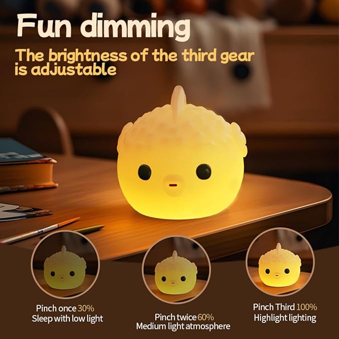 White Pufferfish Night Light - Silicone Touch Sensor Lamp for Nursery, 3 Adjustable Brightness, USB-C Rechargeable Baby-Safe Bedside Light, Modern Kids Room Decor & Toddler Sleep Aid