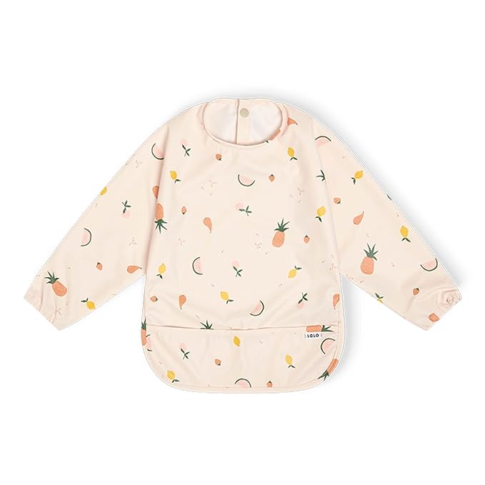 Lalo Smock Bib - Long Sleeve Bib for Infants and Toddlers - Elastic Cuffs, Large Catch-All Pocket, Waterproof Recycled Polyester - Easy to Clean for Mealtime - Fruit Print Grapefruit Infant