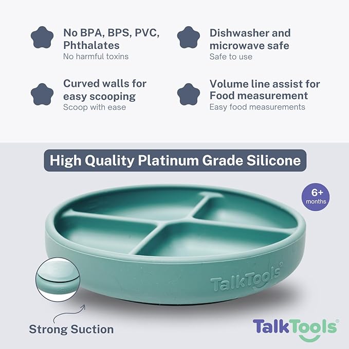 TalkTools Itsy Plate Must-Have Silicone Baby Plates with Suction | Non-Toxic Toddler Feeding Plate | Divided Portion | BPA-Free, Easy-Clean, Travel-Friendly Baby Dishware - Made in USA (Sage)