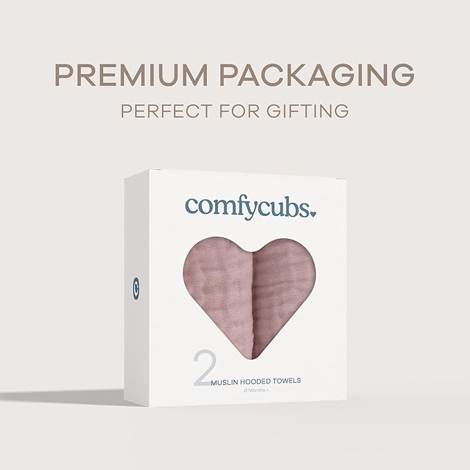 Comfy Cubs Hooded Baby Towel 2-Pack, Large 32 x 32 Inch - 6 Layer 100% Muslin Cotton for Babies, Toddlers and Kids - Soft & Absorbent Baby Bath Towels - Unisex Design for Bath Time - Mauve