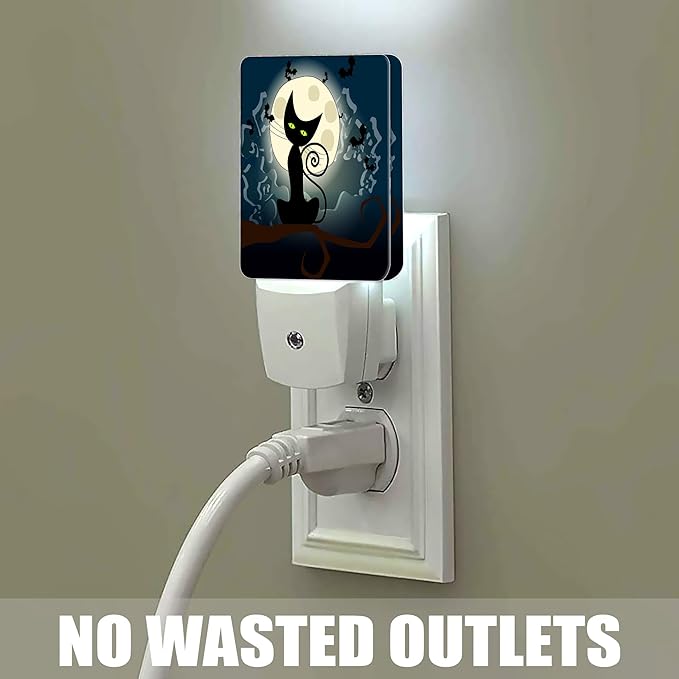 Black Cat Fantasy Halloween Night Light, Full Moon Bats Night Lights Plug into Wall Decorations for Bedroom, Bathroom, Kitchen, Dusk to Dawn Sensor Nightlights for Boys Girls Women Men Room Gifts