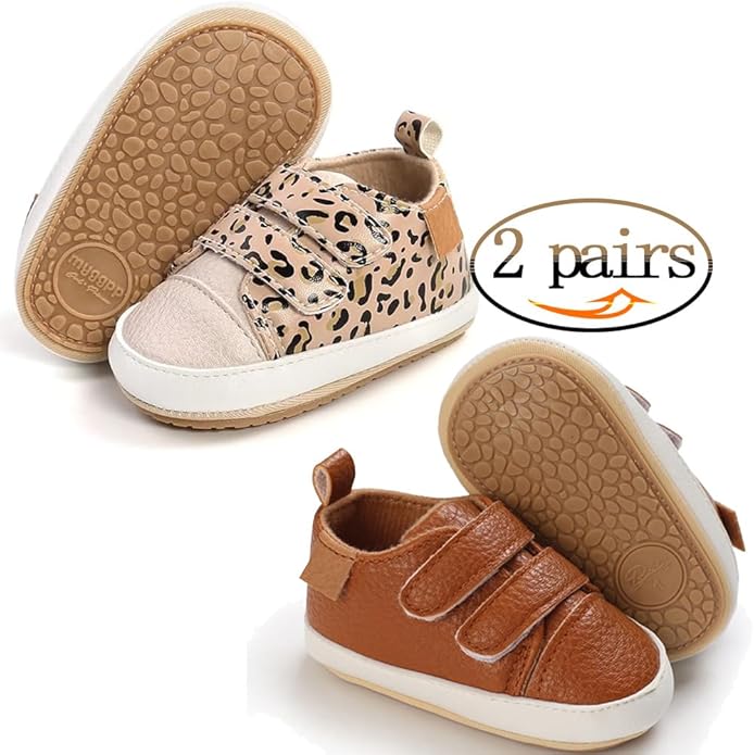 2Pairs Baby Shoes,Boys Girls Non-Slip Rubber Sole Sneakers,Unisex Infant Soft Lightweight First Walking Crib Shoes