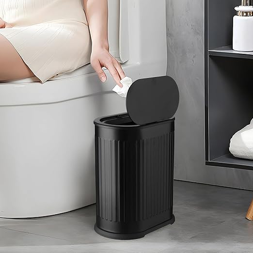 1.6 Gallon Trash Can with Lid, Small Bathroom Trash Can Wastebasket, Slim Garbage Can with Inner Bucket, Press Top Lid Garbage Container Bin for Kitchen, Home, Office, Bedroom, Living Room (Black)