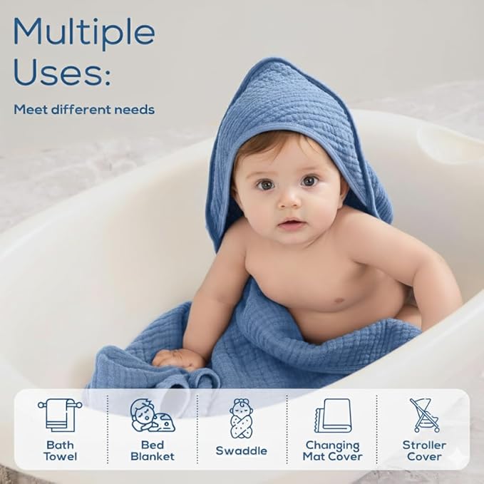 Muslin Hooded Baby Towels for Newborns, 32"x32", 100% Cotton – 6 Layers Super Soft Absorbent Breathable, Baby Bath Towel, Toddler Bath Towel – Pack of 2