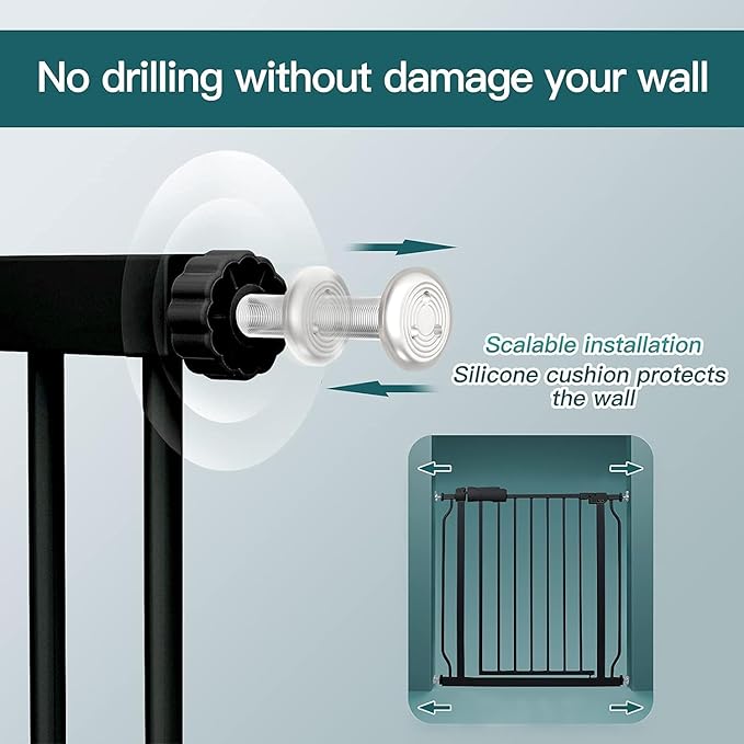 Extra Wide Baby Dog Gates for Doorways Tension Indoor Safety Gates Black Metal Large Pressure Mounted Pet Gate Walk Through Dog Gate for The House Stairs (Black, 76.38"-86.3"/194-219CM)