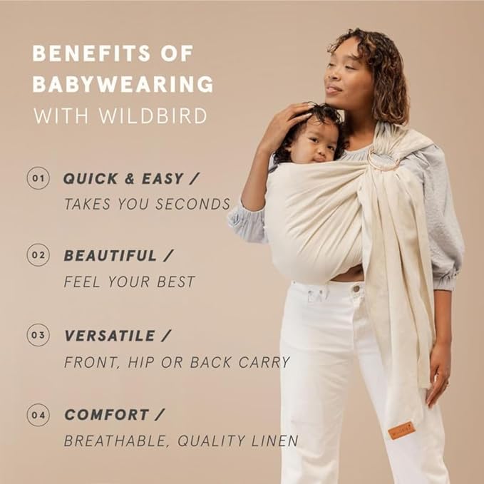 WildBird - Ring Sling Baby Carrier - Newborn to Up to 35 lbs - for Moms, Dads & Caregivers - 100% Natural European Linen Fibers - Versatile & Adjustable - 74” Size - Sparrow Fabric & Black Ring