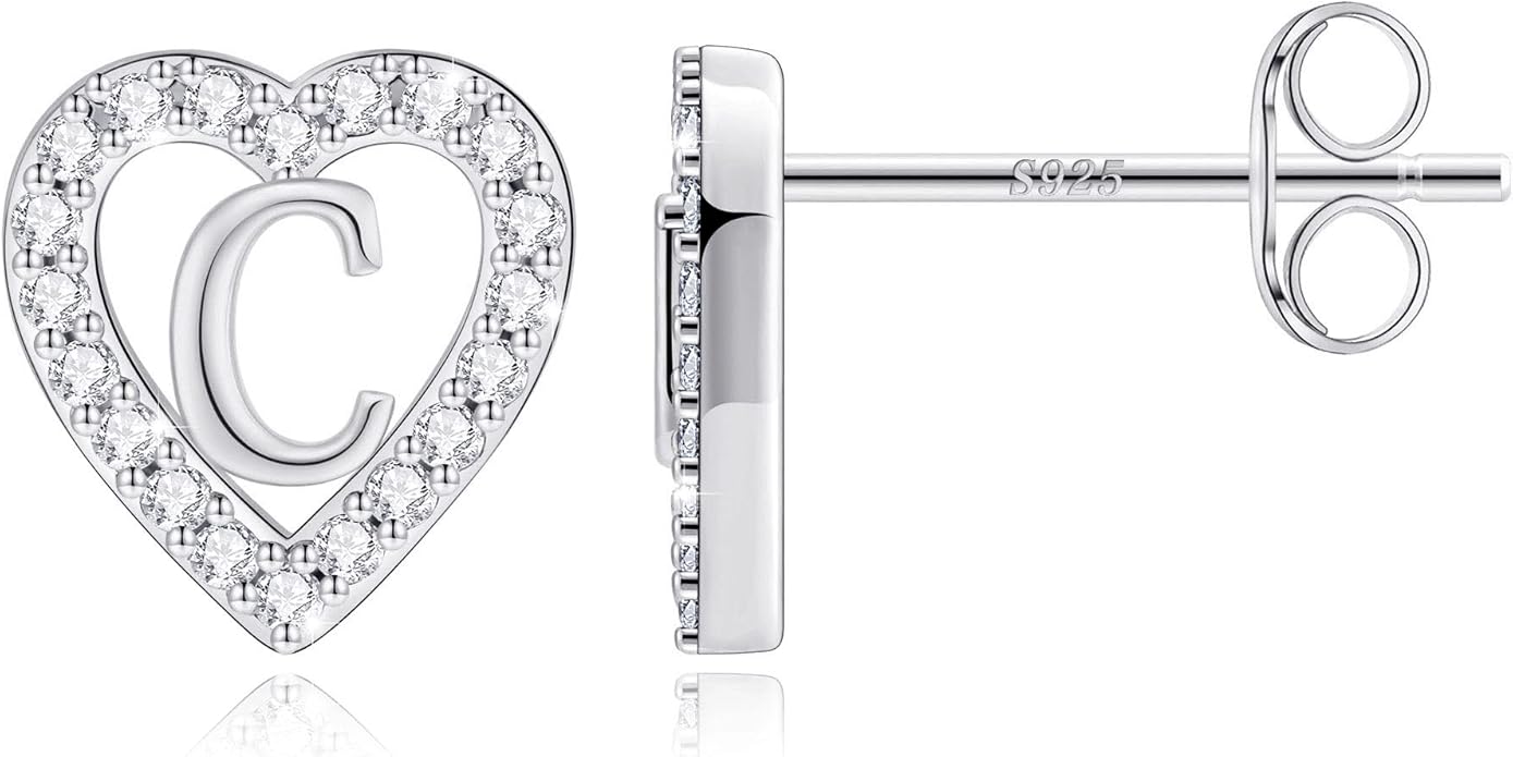Anoup Christmas Gifts for Grandkids Girls Earrings - S925 Sterling Silver Post CZ Hypoallergenic Stud Heart Initial Earrings for Women Kids Jewelry Stocking Stuffers for Teen Girls Birthday Gifts