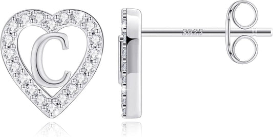 Anoup Christmas Gifts for Grandkids Girls Earrings - S925 Sterling Silver Post CZ Hypoallergenic Stud Heart Initial Earrings for Women Kids Jewelry Stocking Stuffers for Teen Girls Birthday Gifts