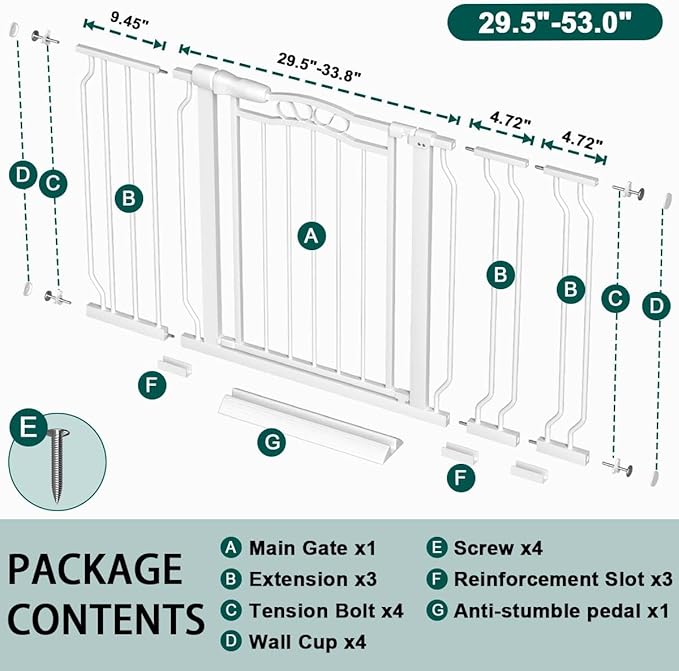 Fairy Baby 29.5"-53.1" Extra Wide Baby Gates for Doorways, Safety Child Gate for Kids Dog, Metal Auto Close Stair Gates Indoor for Toddler Pressure Mount Kit, Arched Décor Walk Thru Garden Gate, White