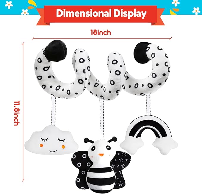 Baby Spiral Hanging Stroller and Car Seat Toys Black and White High Contrast Sensory Toy Newborn Plush Activity Toys Party Favors Quality Gifts for Baby Shower -BEE