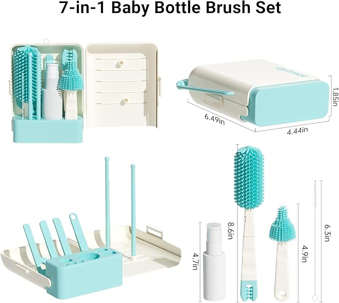 Baby Bottle Brush Cleaner Set - 7 in 1 Travel Bottle Cleaning Brush Kit with Silicone Bottle Brush, Nipple Brush, Soap Dispenser, Portable Drying Rack, Breast Pump & Bottle Cleaning Kit - Lake Green