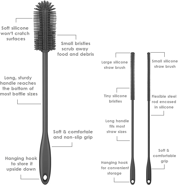 3-in-1 Silicone Bottle Brush and Straw Cleaning Brush Set, Water Bottle Cleaner for Narrow Neck Containers, Tumblers, Flask, Vase and Glassware (Charcoal)