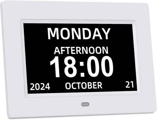 Digital Calendar Alarm Clock for Seniors - 7" Large Display with Day/Date, 12 Custom Alarms & Auto-Dimming | Medication Reminder, Dementia-Friendly Design, Easy Read (White)