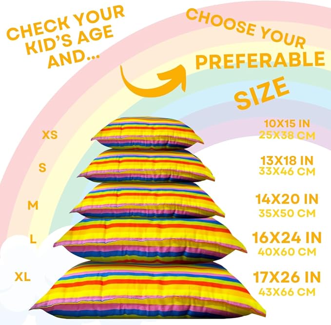 kinder Fluff Children Pillow (2Pk) 10x15in – First Pillow for Kids Age 2+, Bright Rainbow Design, 100% Cotton Sateen Stripe 300T, Down Alternative Fill, Machine Washable, Colourful Kids Cushion XS