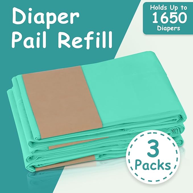Refill Diaper Pail Bags Compatible with Dekor Classic Diaper Pails | 3 Pack | Diaper Pail Refills with Powerful Odor Elimination | Baby Powder Fragrance | Holds up to 1650 Diapers.