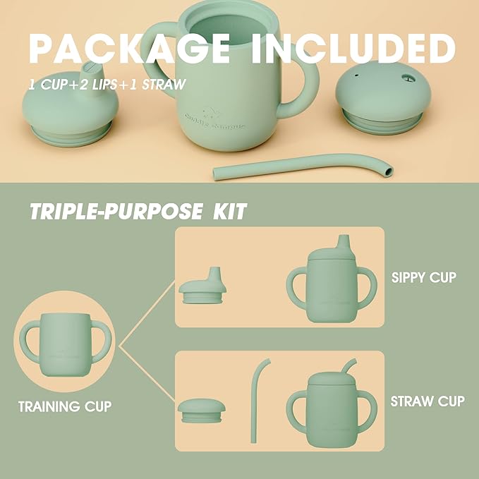 Cuddle Campus Sippy Cups 7OZ, [4 in 1] Baby Cups, Shatterproof Silicone Straw Cup,Open Cup for 6M, 6M+,6-12 Months,1/1+ Year Old Baby,Toddler