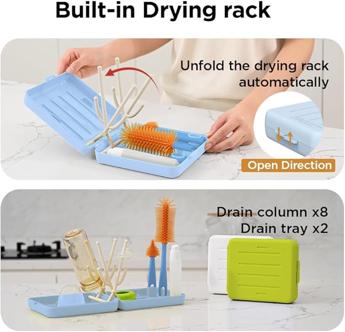 Travel Bottle Brush with Portable Bottle Drying Rack, Baby Bottle Brush for Baby Travel Essential, Blue