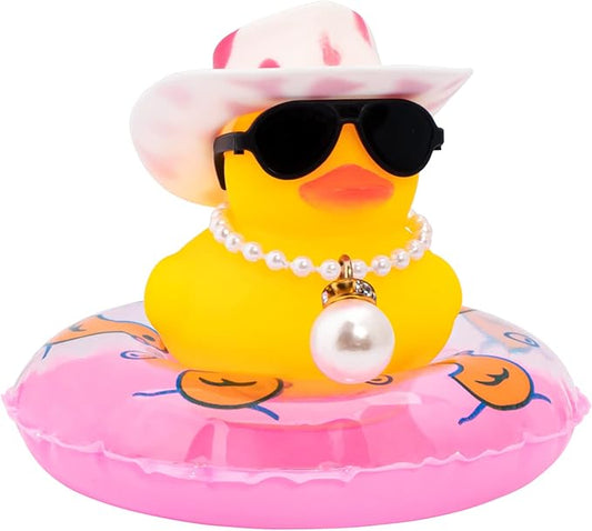 wonuu Car Rubber Duck, Yellow Duck Decoration Dashboard with Sun Hat Swim Ring Necklace Sunglasses for Car Dashboard Decorations, Pink White Cowboy Hat-Pink-Big Pearl